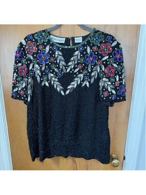 Vintage Night Vogue Beaded Floral Sequin Top Womens L Silk Black Glamour Party